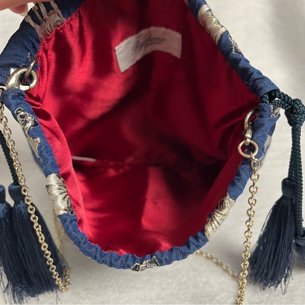 RYTHME KUMIKYOKU Blue Jacquard Drawstring Pouch Bag Pug Dog Puppy Chain Strap - Picture 8 of 12
